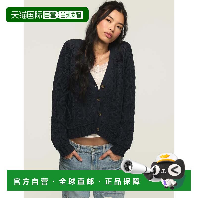 自营lucky brand拉奇品牌女士宽松款麻花针织开衫-蓝色 美国奥莱