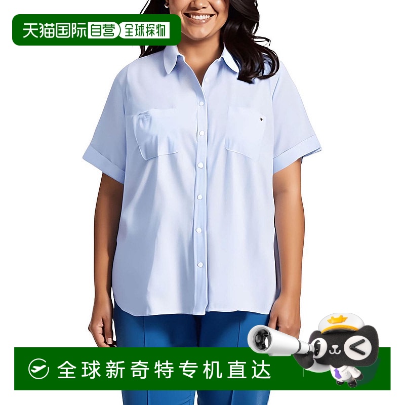 自营 tommy hilfigerPlus Camp女式棉质印花纽扣上衣-矢车菊蓝/白