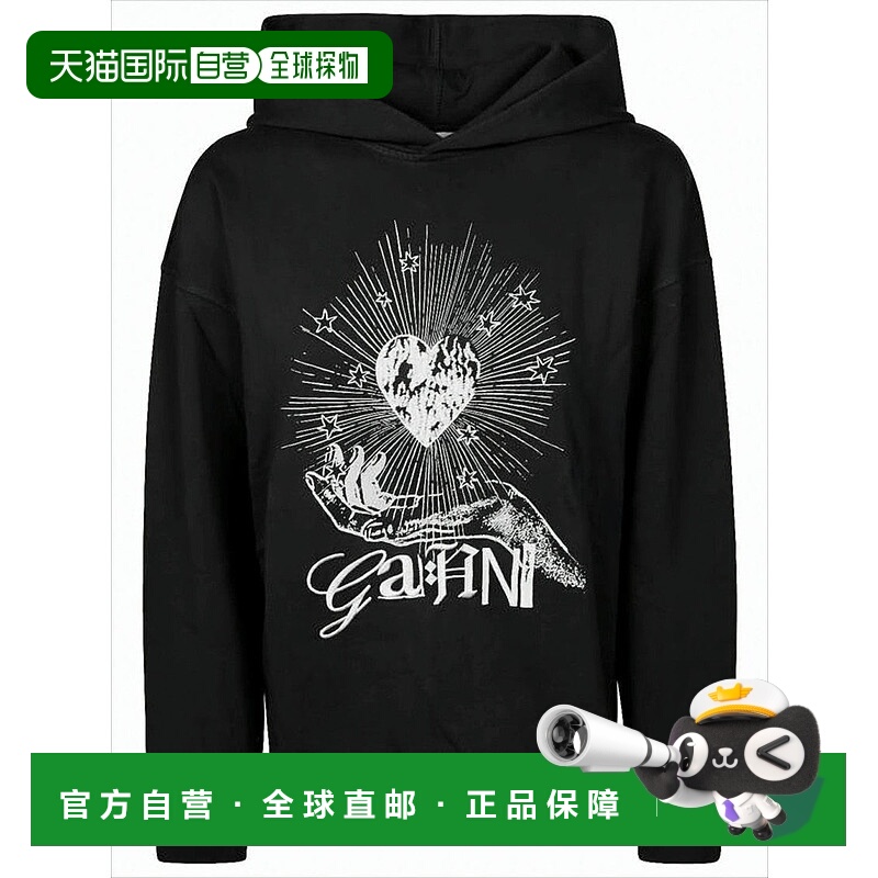 自营ganniBlack Organic Cotton Hoodie With Artistic Graphics