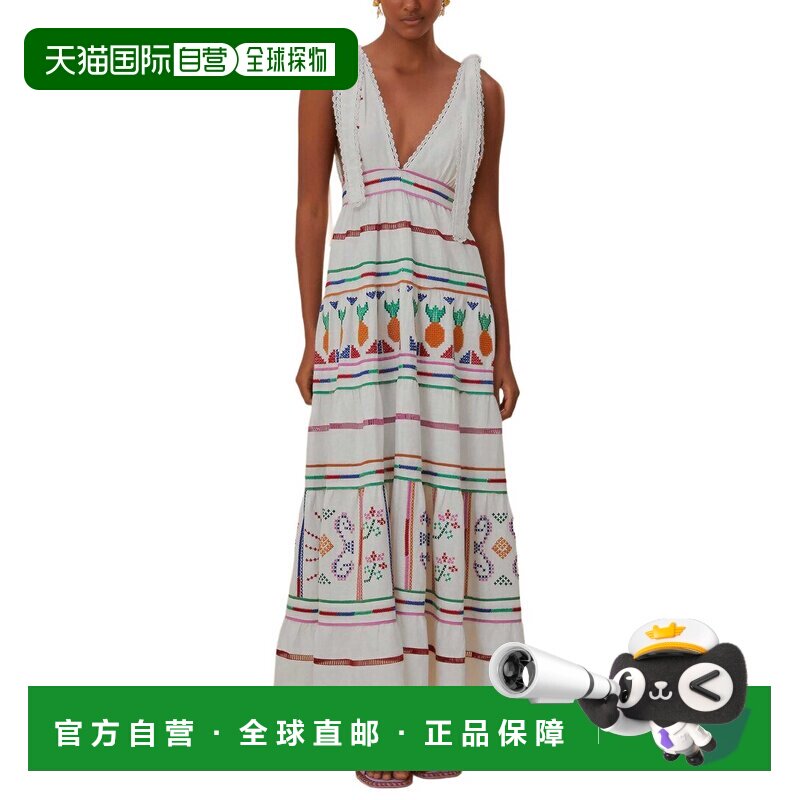 自营FARM Rio亚麻混纺白色刺绣长裙-红色 连衣裙美国直发奥莱吊带