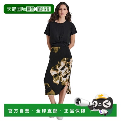 自营 Dkny T恤Midi连衣裙女式黑色花朵棉混纺圆领FTS1423-黑色 美