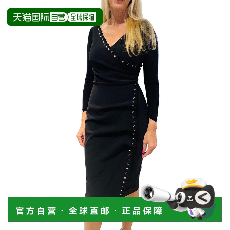 自营 chiara boni黑色Elma假裹鸡尾酒会连衣裙 美国奥莱直发