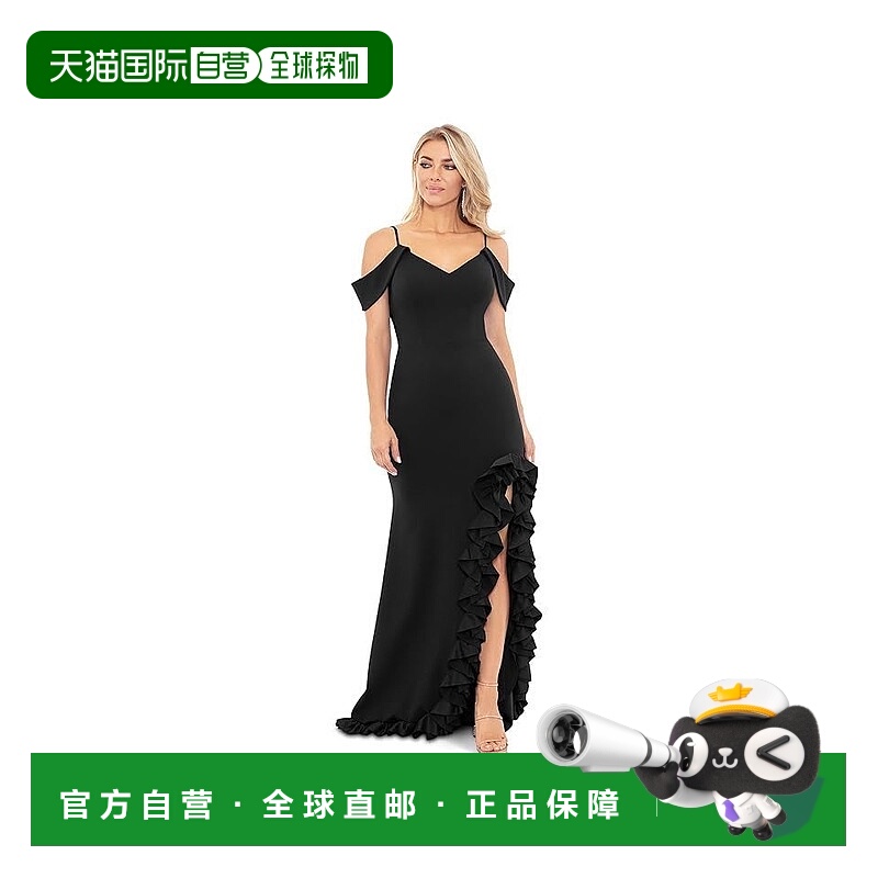 自营Xscape Maxi Dress Women Black Crepe Side Slit Ruffle Hem