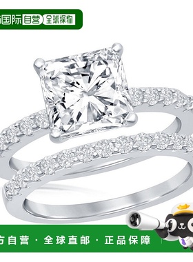 自营 simona 925 纯银公主方形切割半 CZ 带订婚戒指套装 银白色
