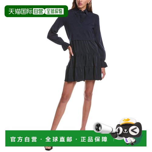 自营cinq à sept五到七个针织组合Luciana真丝镶边连衣裙-海军蓝