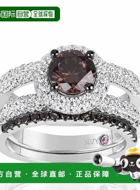 自营 Suzy Levian 纯银棕色巧克力和白色立方氧化锆两件式订婚戒