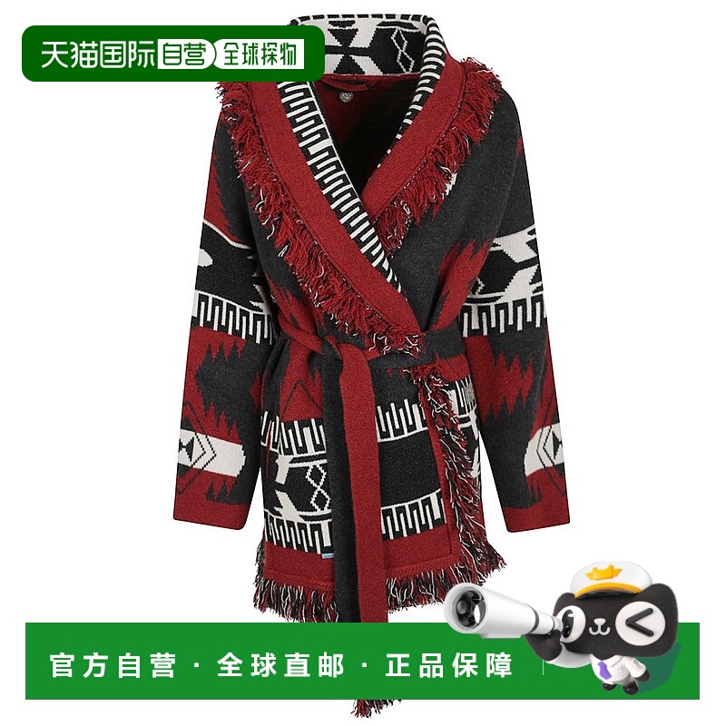 自营alanui双色羊绒开衫，边缘有条纹-红色 美国奥莱直发
