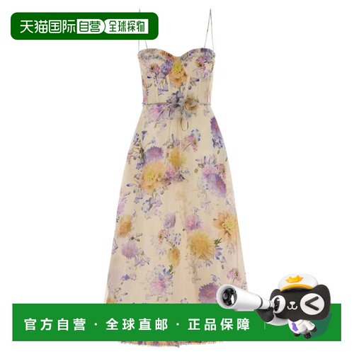 自营zimmermann花卉欧根纱中长款连衣裙，搭配甜心领口和荷叶边下