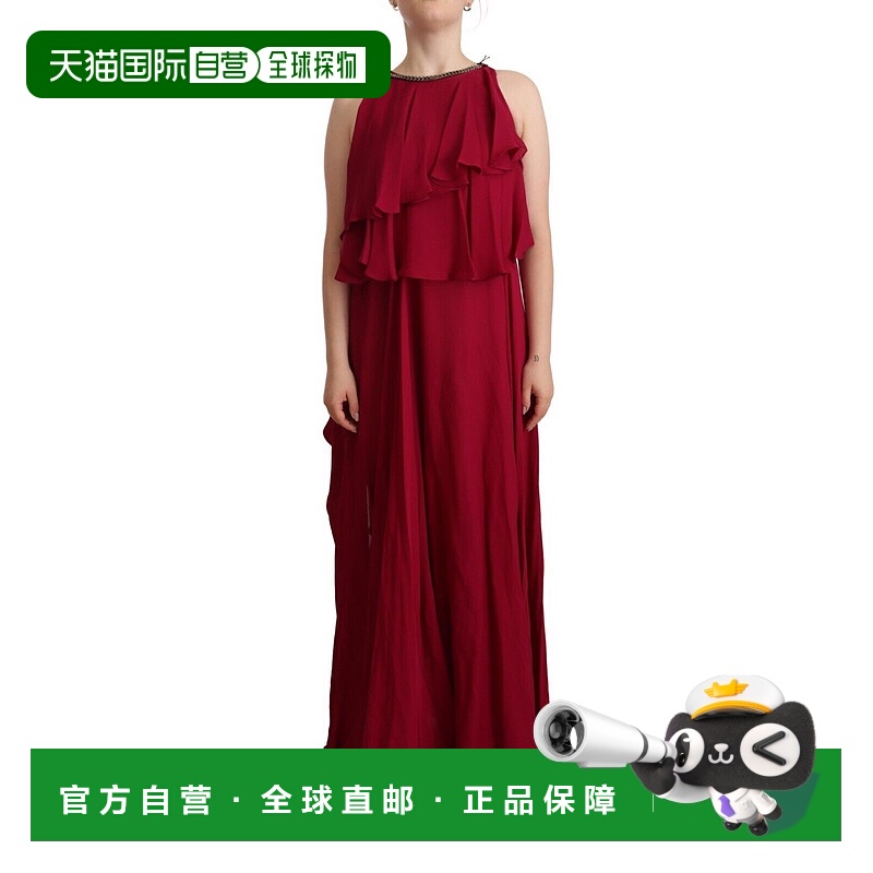 自营 PLEIN SUD 兰花真丝无袖长款荷叶边直筒女式连衣裙 - marron