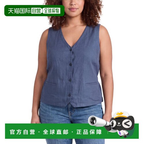美国直邮自营EILEEN FISHER v领亚麻背心-蓝色 美国奥莱直发