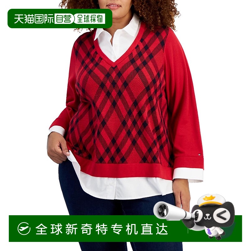 自营tommy hilfigerPlus Womens Layered Knit Pullover Sweater
