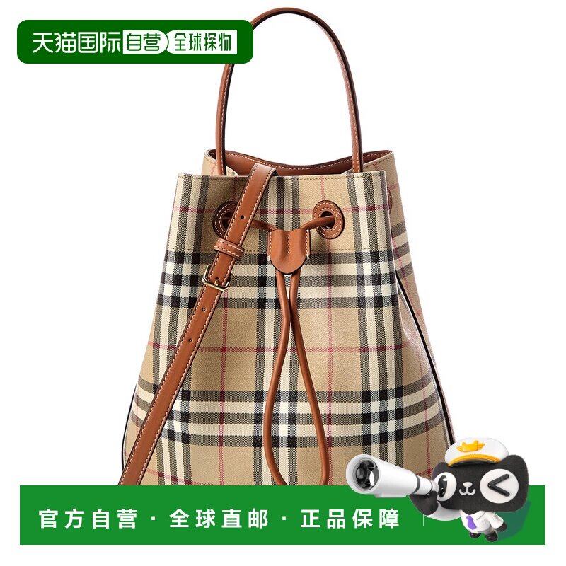 自营Burberry小号格子涂层帆布和皮革水桶包-棕色 美国奥莱直发