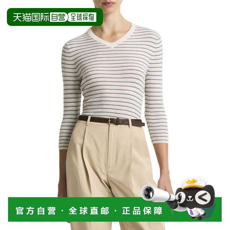 自营Vince条纹高v领羊绒 & 真丝混纺毛衣-蓝色 美国奥莱直发