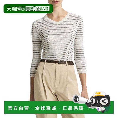 自营Vince条纹高v领羊绒 & 真丝混纺毛衣-蓝色 美国奥莱直发