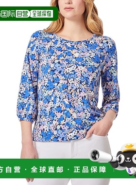 自营 Jones New York Moss Crepe上衣女式蓝色地平线花朵弹力FTS1