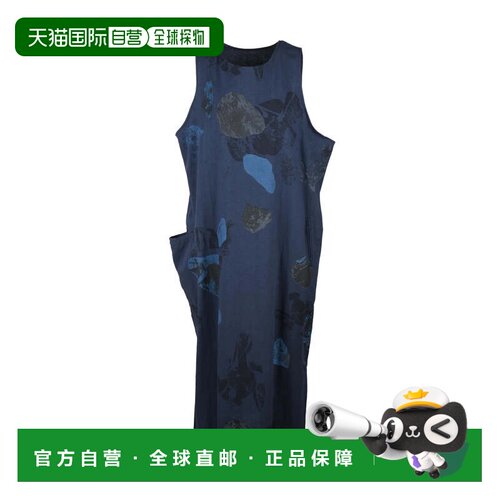 美国直邮自营yohji yamamoto蓝色不对称花卉亚麻混纺连衣裙-黑色