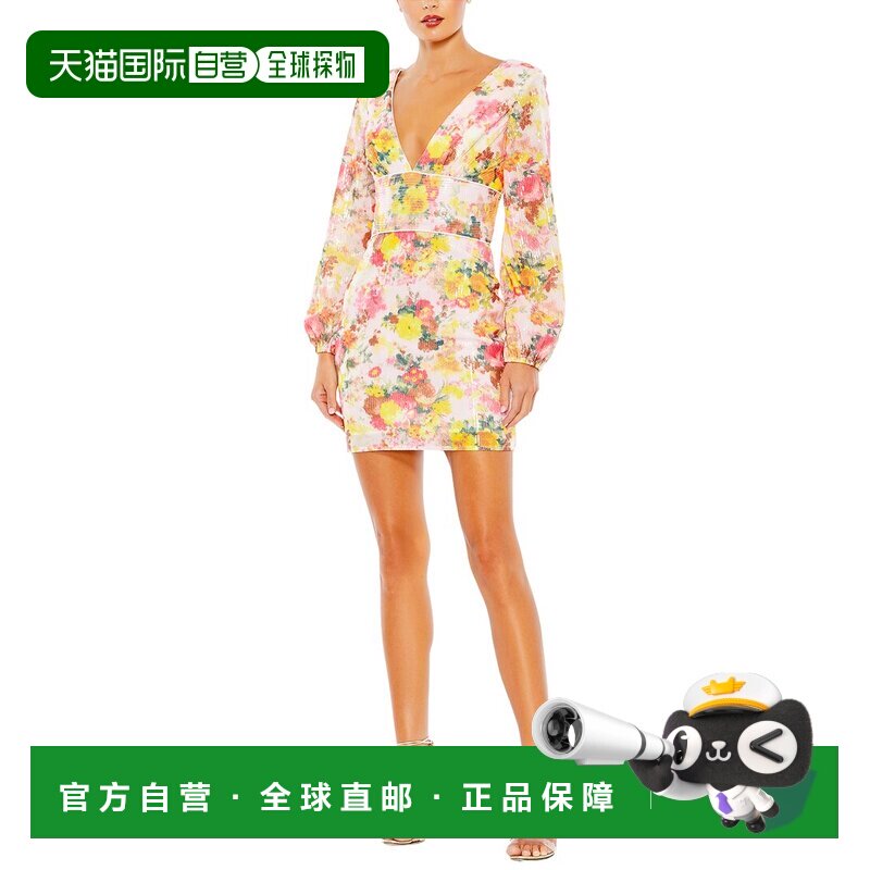 自营Mac Duggal亮片花卉长袖迷你连衣裙-粉红色 美国奥莱直发