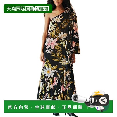 自营FARM Rio Surreal Flowers Black One Shoulder Ruffled Maxi