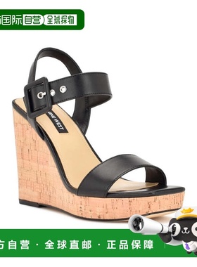 自营Nine West Courts Sandals Women's Black Ankle Strap Wedge