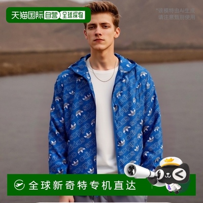 美国直邮Adidas阿迪达斯少男运动衫外套蓝色徽标印花简约休闲