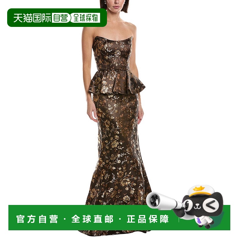 自营Marchesa Notte Jacquard Peplum Gown - black 美国奥莱直发