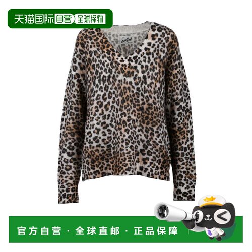 自营mc2 saint barth豹纹印花v领毛衣，搭配混合的海毛灰色 美国