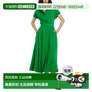 自营Mac Duggal Crepe Collared Midi Dress with Belt - green