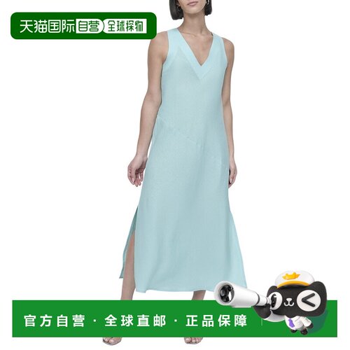 自营DKNY V-Neck Panel Linen Dress - blue 美国奥莱直发