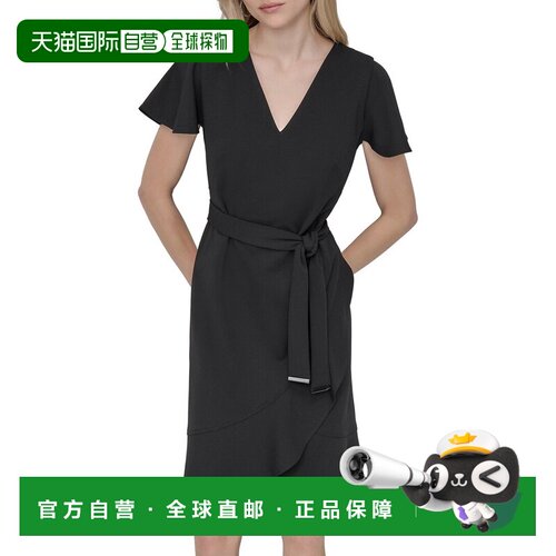 自营DKNY人造裹身连衣裙-黑色 美国奥莱直发