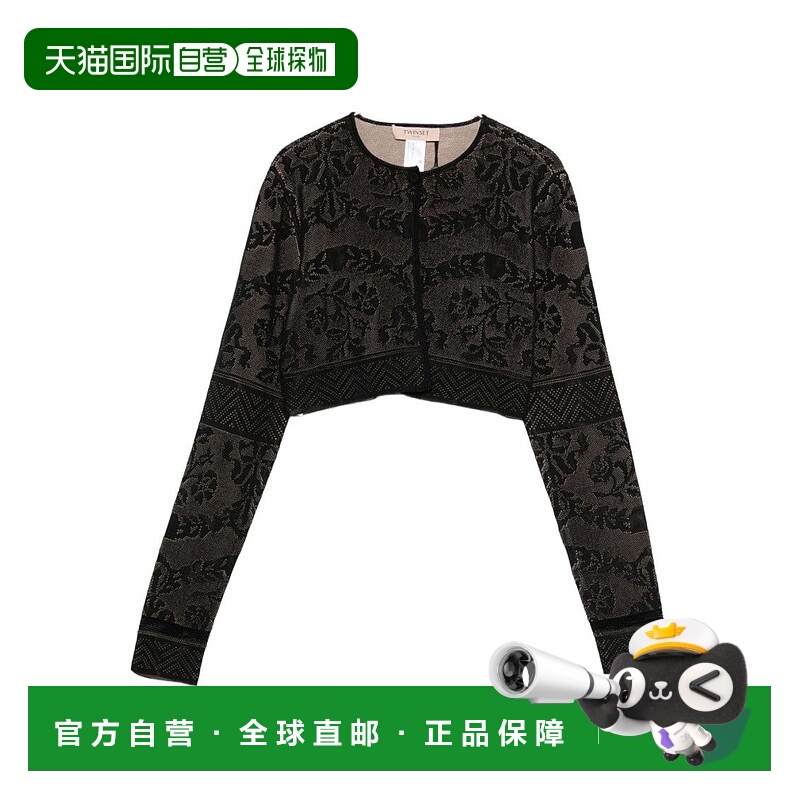 自营twin-setCropped Sweater With Black Lace Overlay - black