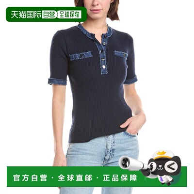 自营T Tahari Elbow Sleeve Denim Placket Top - navy 美国奥莱