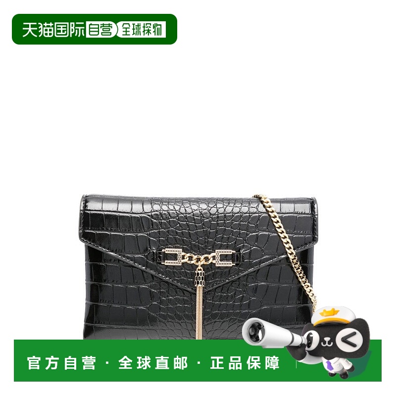 自营elisabetta franchiGlossy Black Crocodile-Embossed Clutch