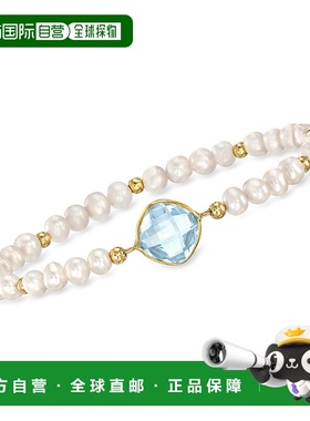 自营 Ross-Simons 14 克拉黄金天蓝色托帕石和 4-5 毫米养殖珍珠