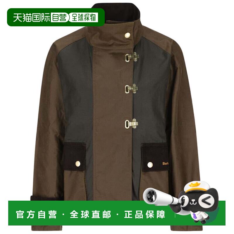 自营barbour双色打蜡夹克，搭配高领和灯芯绒装饰-棕色 美国奥莱