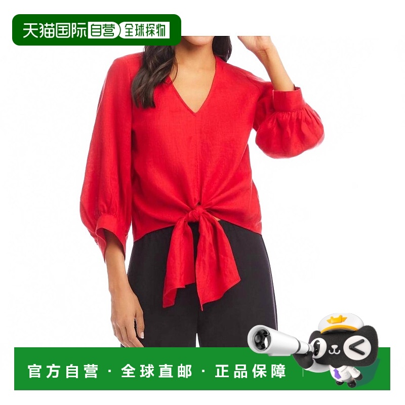 自营karen kaneBlouson Sleeve Linen Tie-Front Top In Cherry -