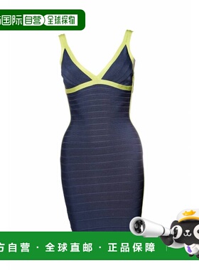 自营Herve Leger, blue bodycon dress with lime green framing