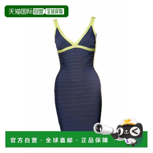 自营Herve Leger, blue bodycon dress with lime green framing