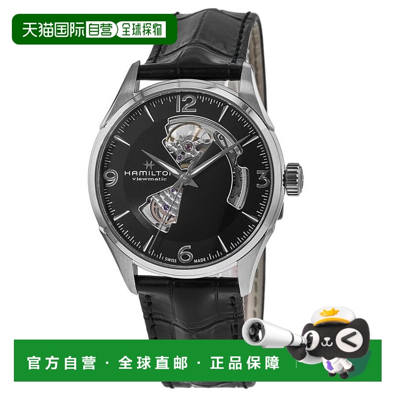 自营Hamilton Jazzmaster开放式心形自动黑色表盘皮革表带男士手H