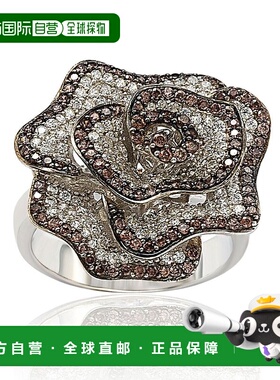 自营 Suzy Levian 纯银棕色和白色立方氧化锆密镶花朵戒指 - 白色