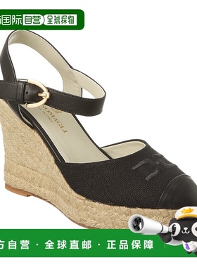 自营 Bruno Magli Marella 帆布和皮革坡跟凉鞋 - 黑色 美国奥莱