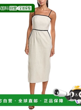 自营Milly Amara撞色亚麻混纺Midi连衣裙-米色 【美国奥莱】直发