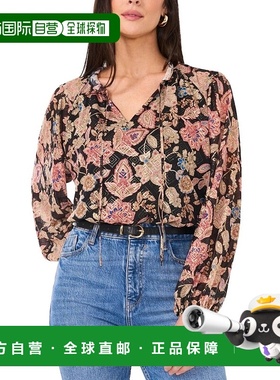自营Vince Camuto Peasant Top Womens Black Floral V-Neck Long