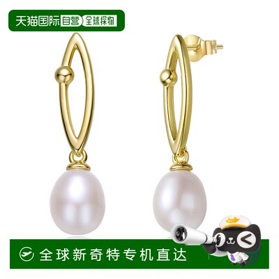 自营genevive纯银 14k黄金镀白珍珠线性吊坠电缆链耳环-金【