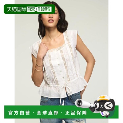 自营lucky brandLucky品牌女装短袖蕾丝方领上衣白色 美国奥莱直
