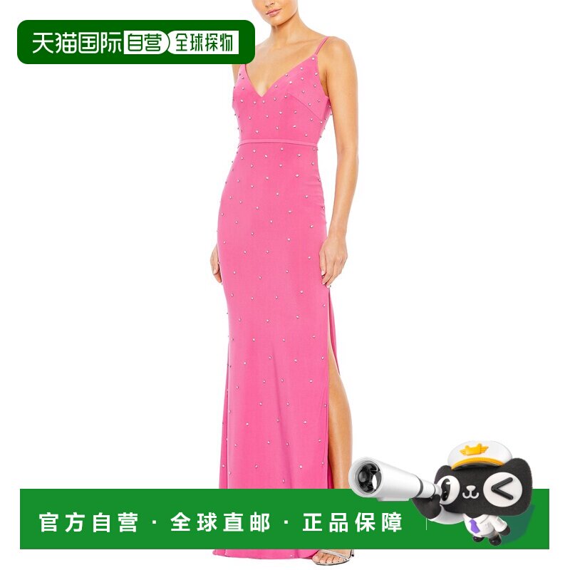 自营Mac Duggal水钻装饰v领礼服-粉红色 美国奥莱直发连衣裙长裙