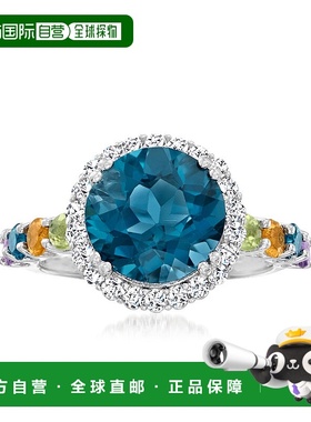 自营925 纯银 Ross-Simons 伦敦蓝色托帕石和多宝石光环戒指 - 蓝