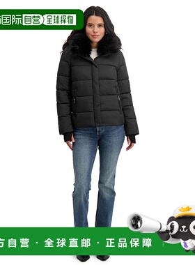 自营TAHARI Women's Short Quilted Puffer Jacket with Faux Fur