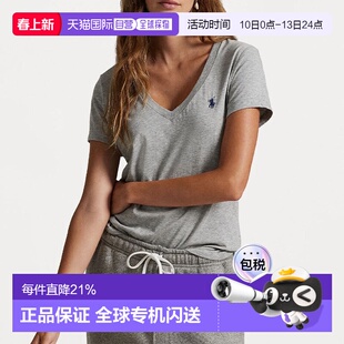 香港直邮Ralph Lauren/拉夫劳伦 V领短袖Logo刺绣 T恤 女款 灰白