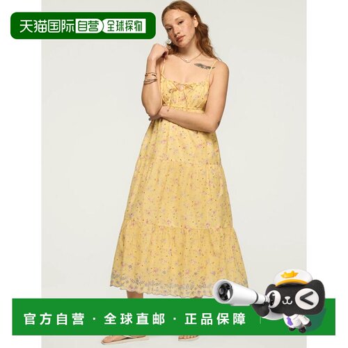 自营Lucky Brand女印花孔眼分层中长款连衣裙-birhgt黄 美国奥莱