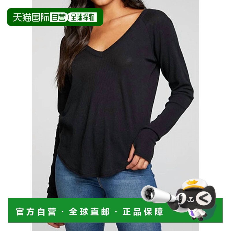 自营 chaserHeritage 华夫格长袖双 V 领衬衫下摆 T 恤（纯黑色）